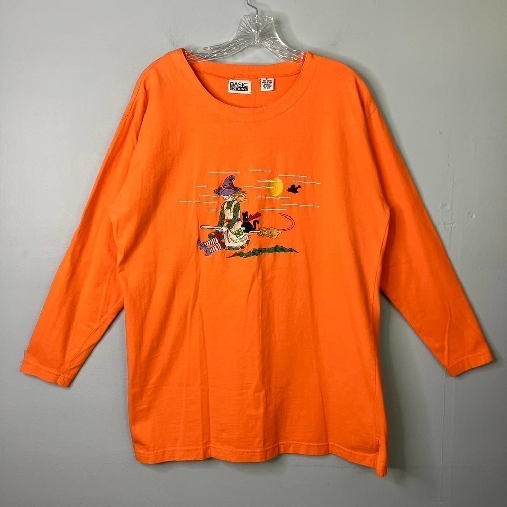 BASIC Editions Vintage 90s Halloween Witch Broom Cat Orange Long Sleeve Tee Sz M